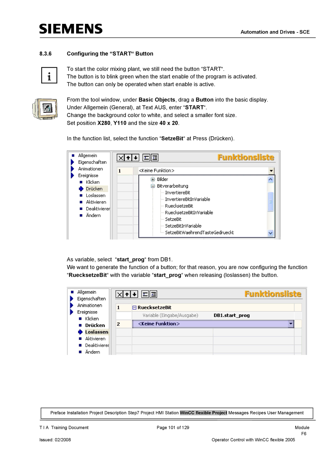 Siemens TP177B manual Configuring the Start Button 