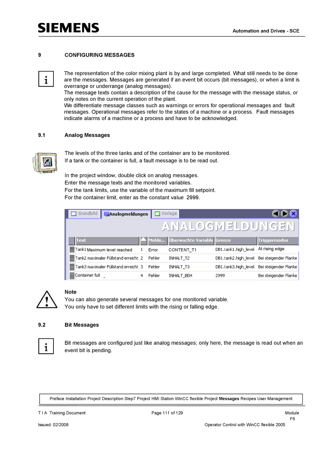 Siemens TP177B manual Configuring Messages, Analog Messages, Bit Messages 