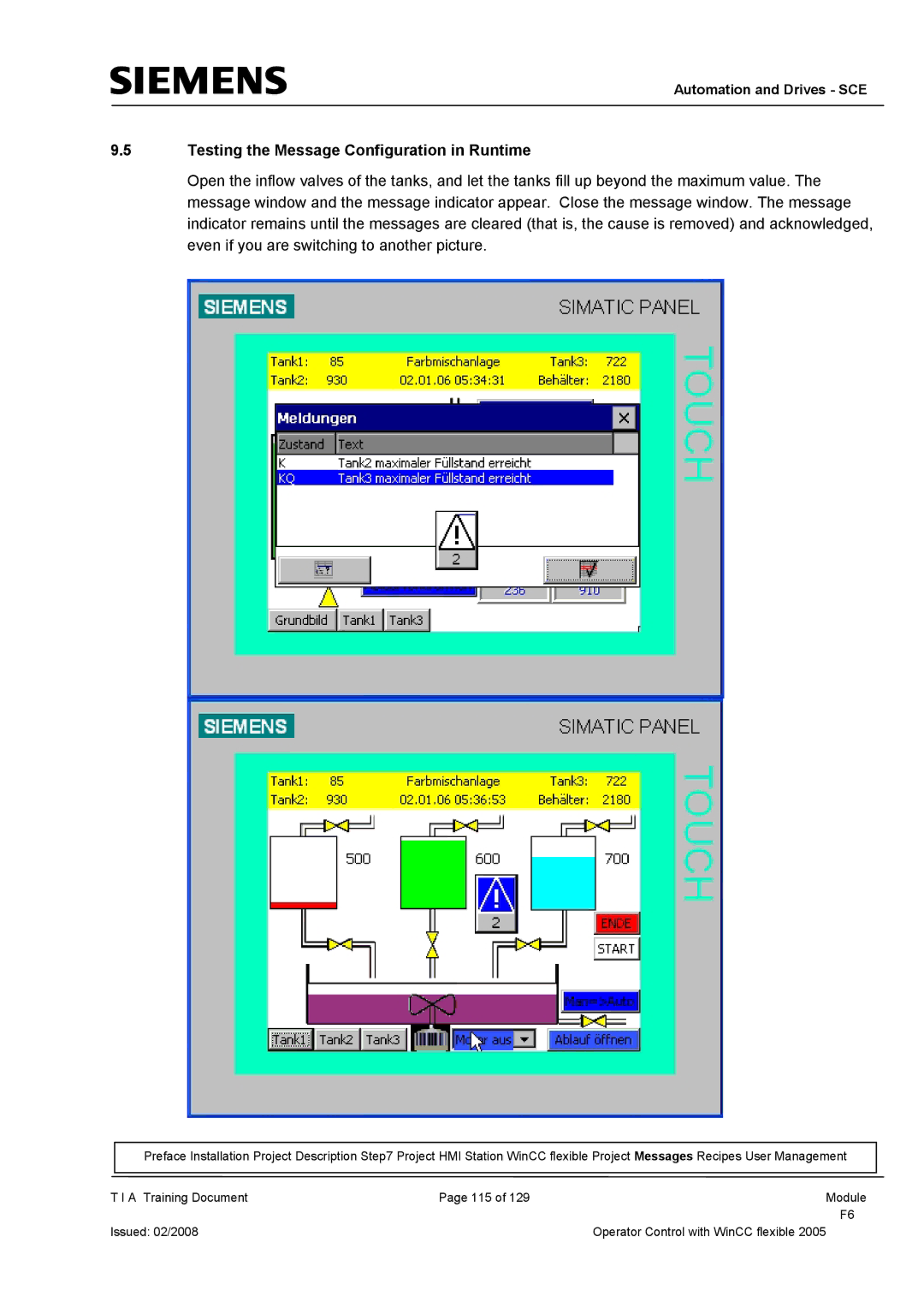 Siemens TP177B manual Testing the Message Configuration in Runtime 