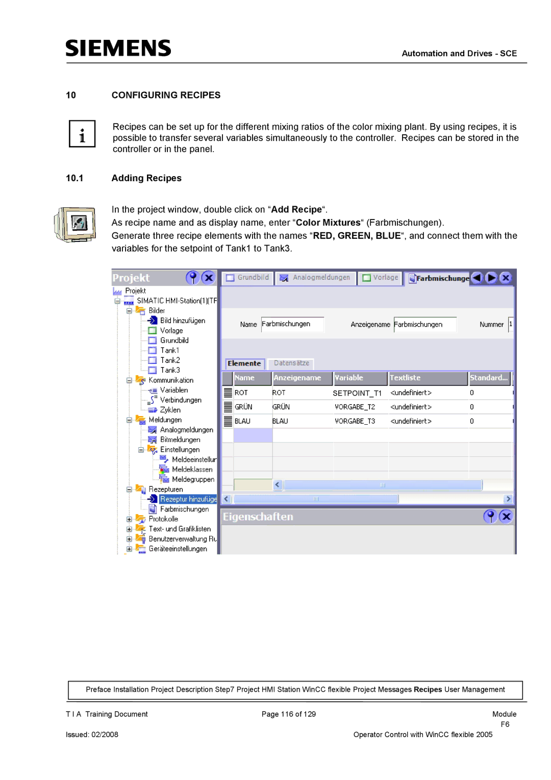 Siemens TP177B manual Configuring Recipes, Adding Recipes 