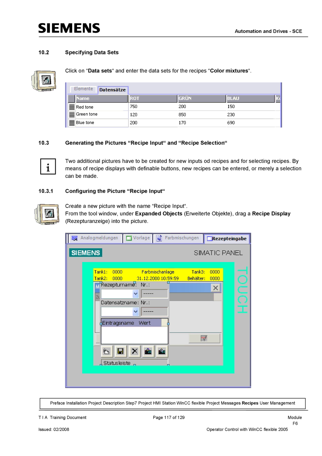 Siemens TP177B manual Specifying Data Sets, Generating the Pictures Recipe Input and Recipe Selection 