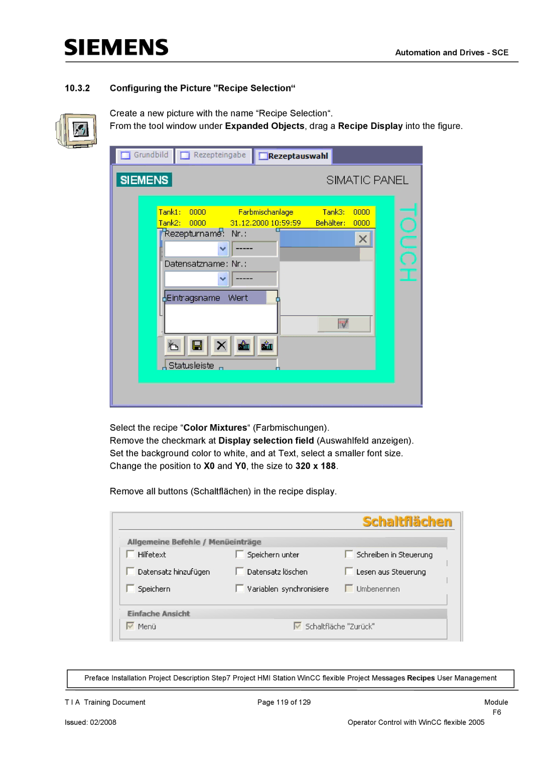 Siemens TP177B manual Configuring the Picture Recipe Selection 