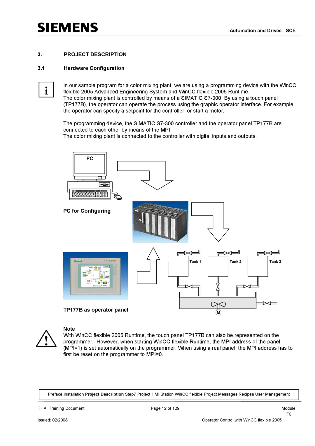 Siemens manual Project Description, Hardware Configuration, PC for Configuring TP177B as operator panel 