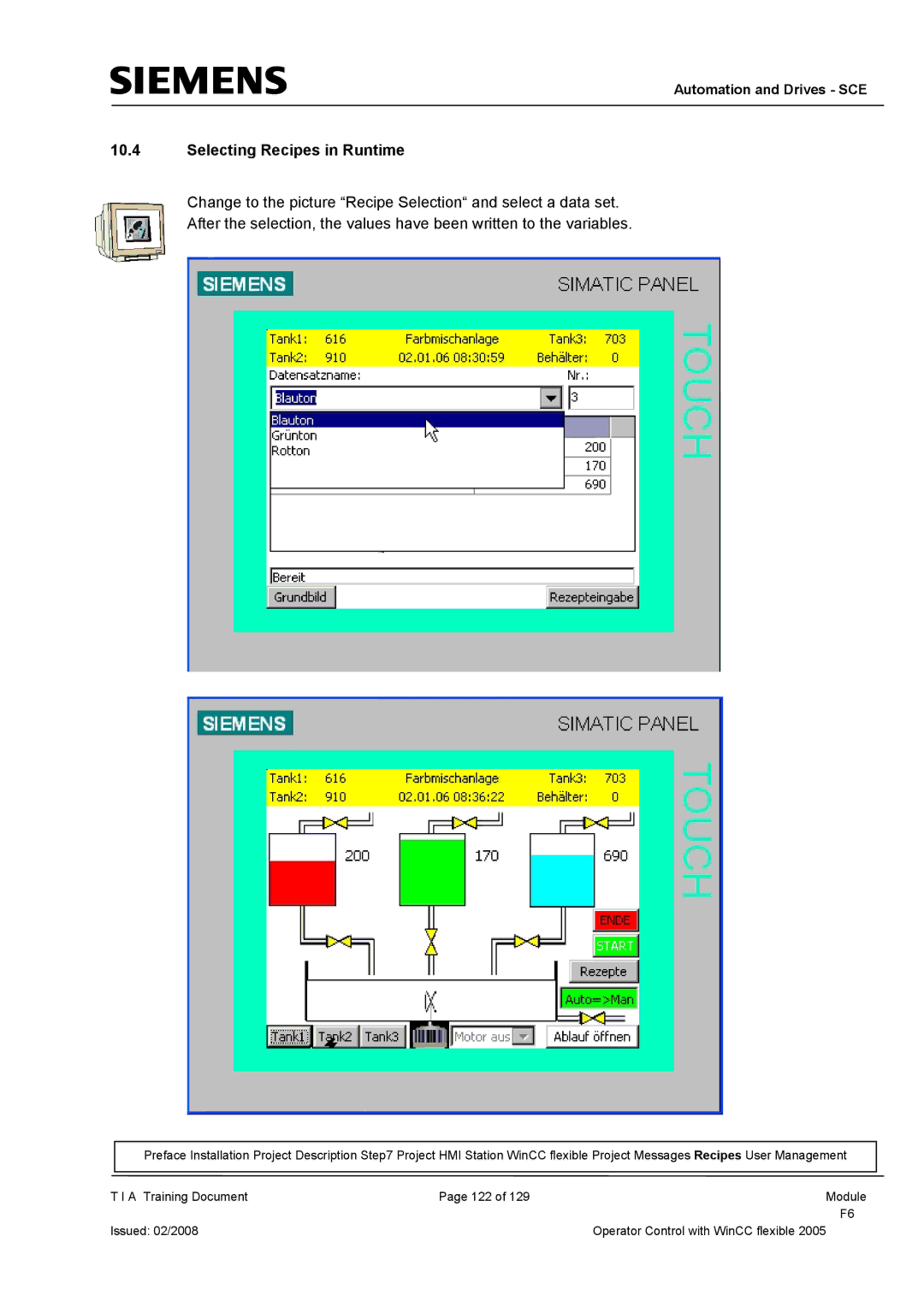 Siemens TP177B manual Selecting Recipes in Runtime 