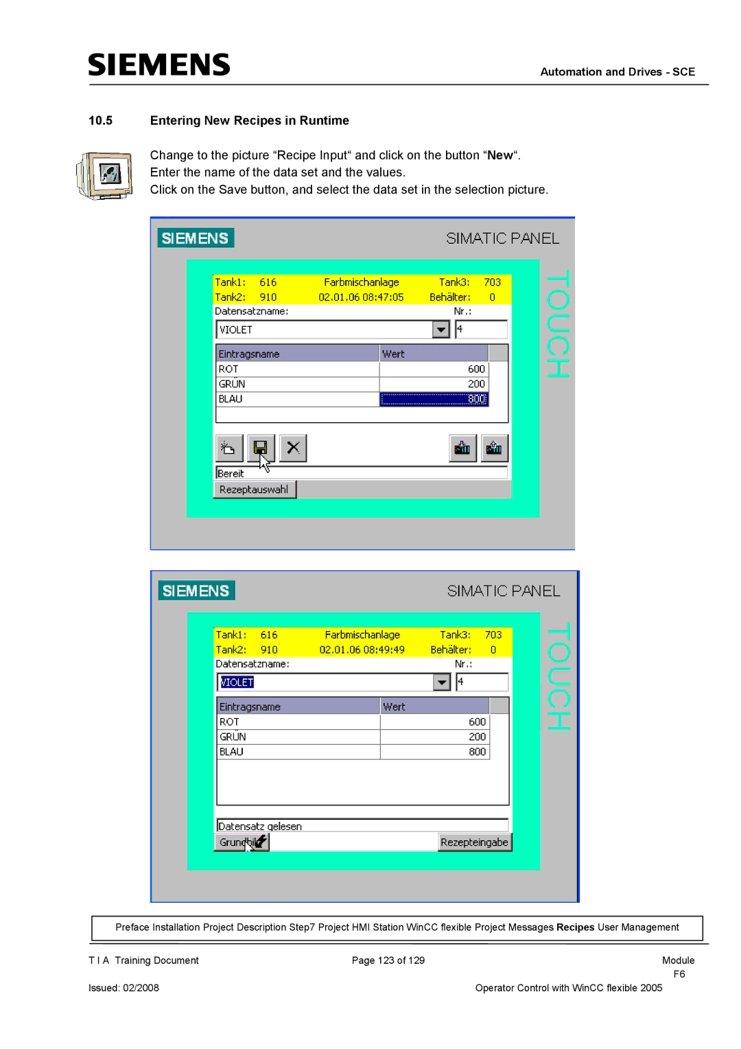 Siemens TP177B manual Entering New Recipes in Runtime 