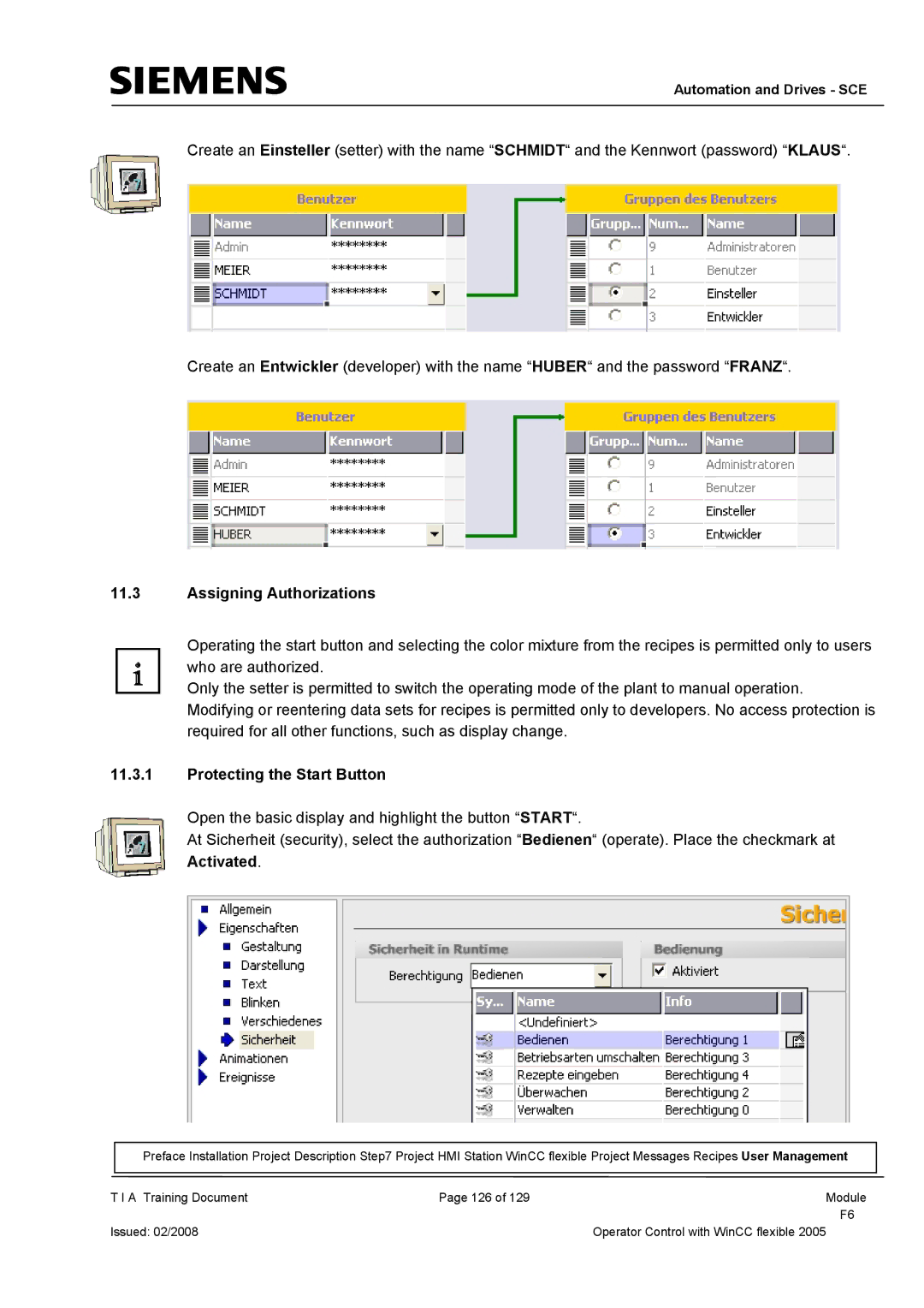 Siemens TP177B manual Assigning Authorizations, Protecting the Start Button 