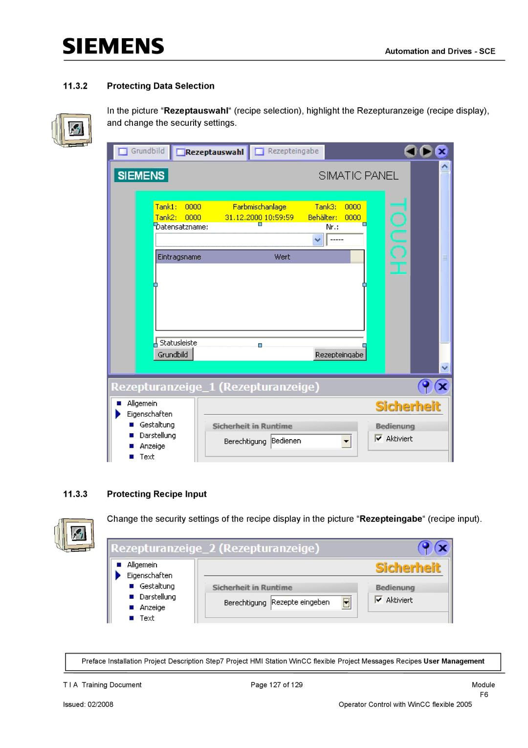 Siemens TP177B manual Protecting Data Selection, Protecting Recipe Input 