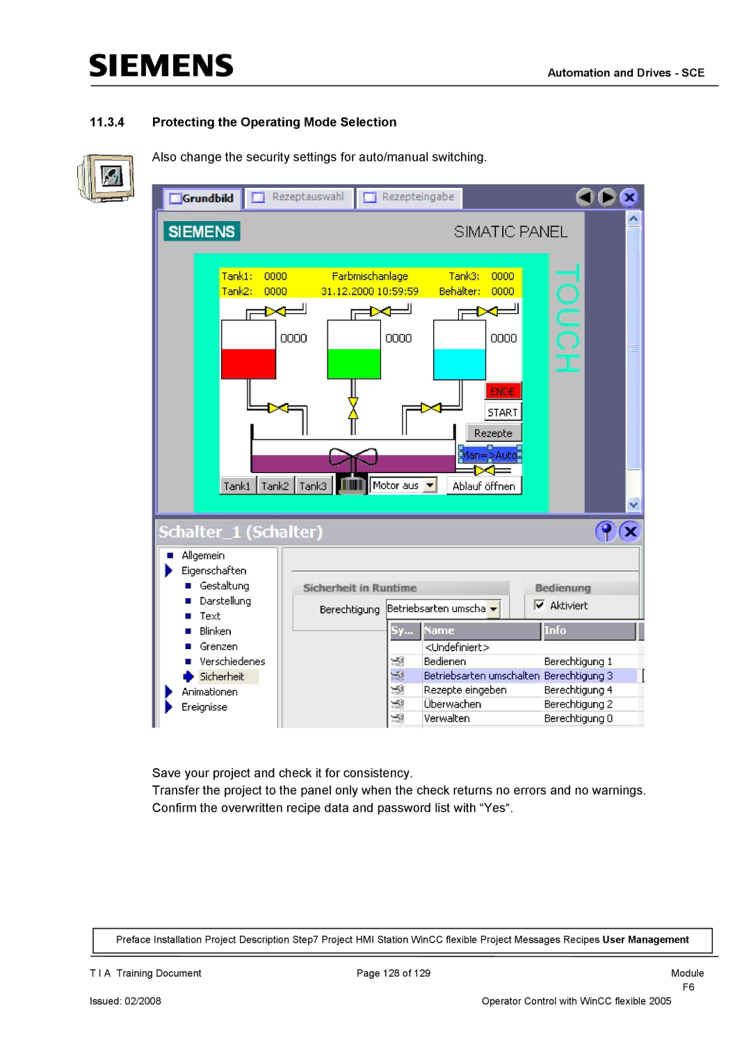 Siemens TP177B manual Protecting the Operating Mode Selection 