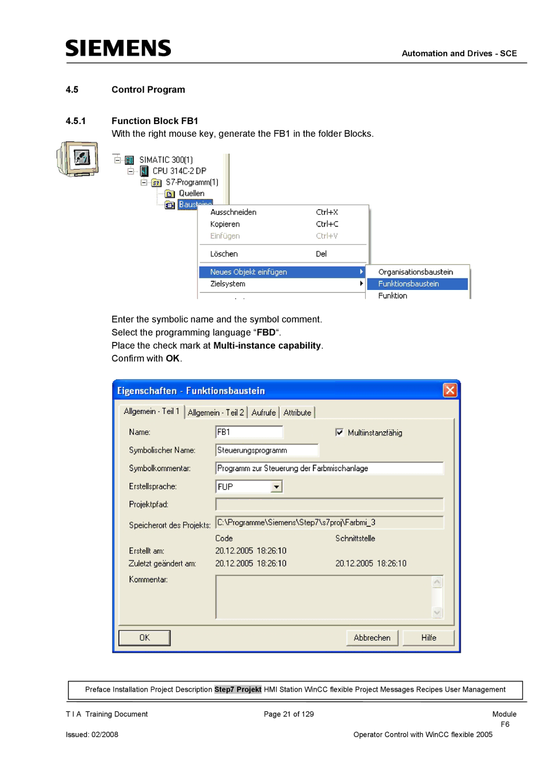 Siemens TP177B manual Control Program Function Block FB1 