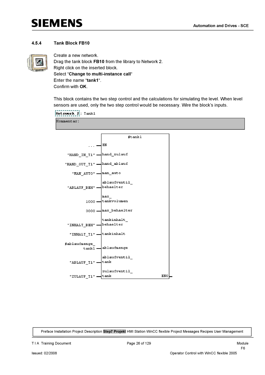 Siemens TP177B manual Tank Block FB10, Select Change to multi-instance call Enter the name tank1 