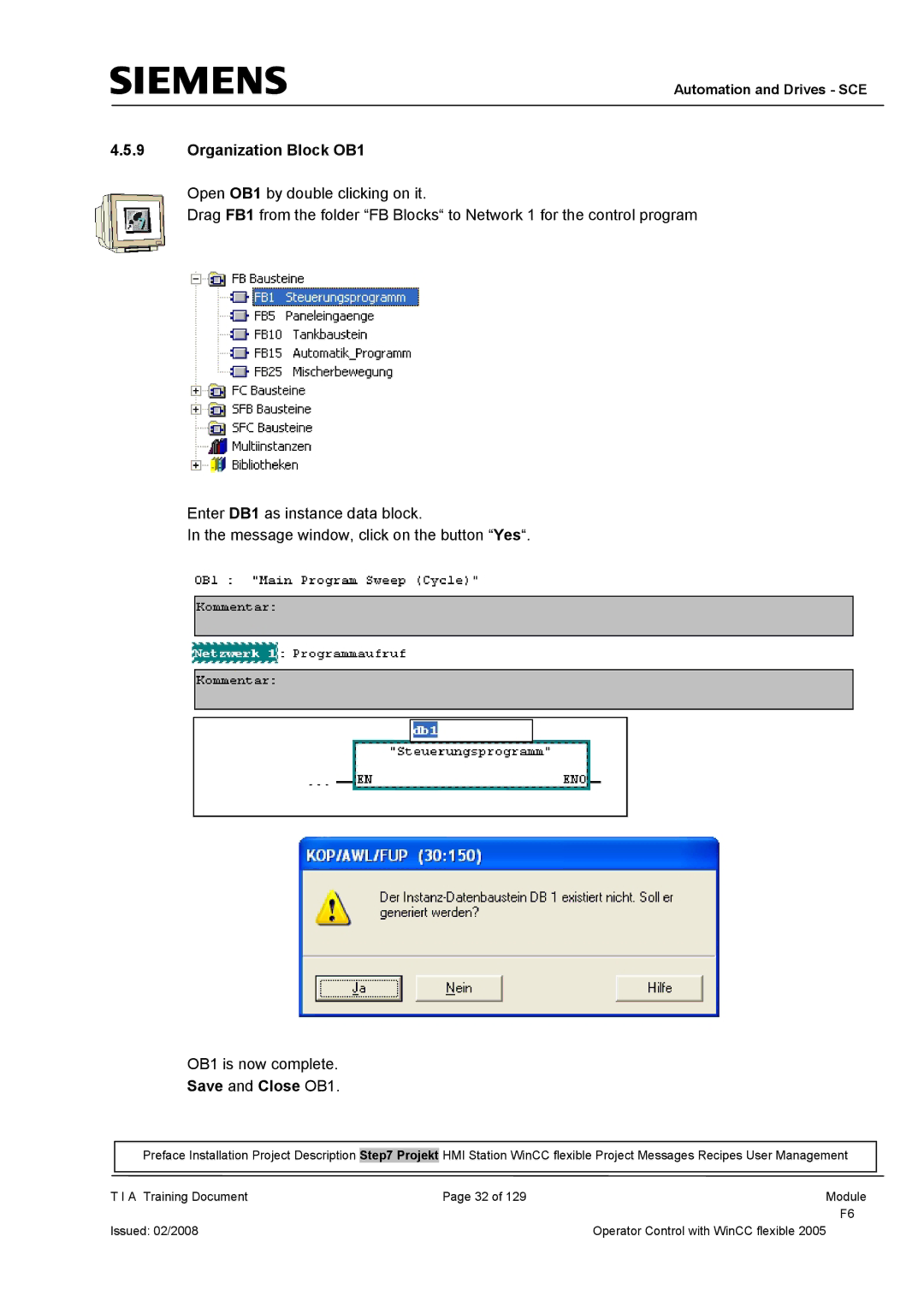 Siemens TP177B manual Organization Block OB1, Save and Close OB1 