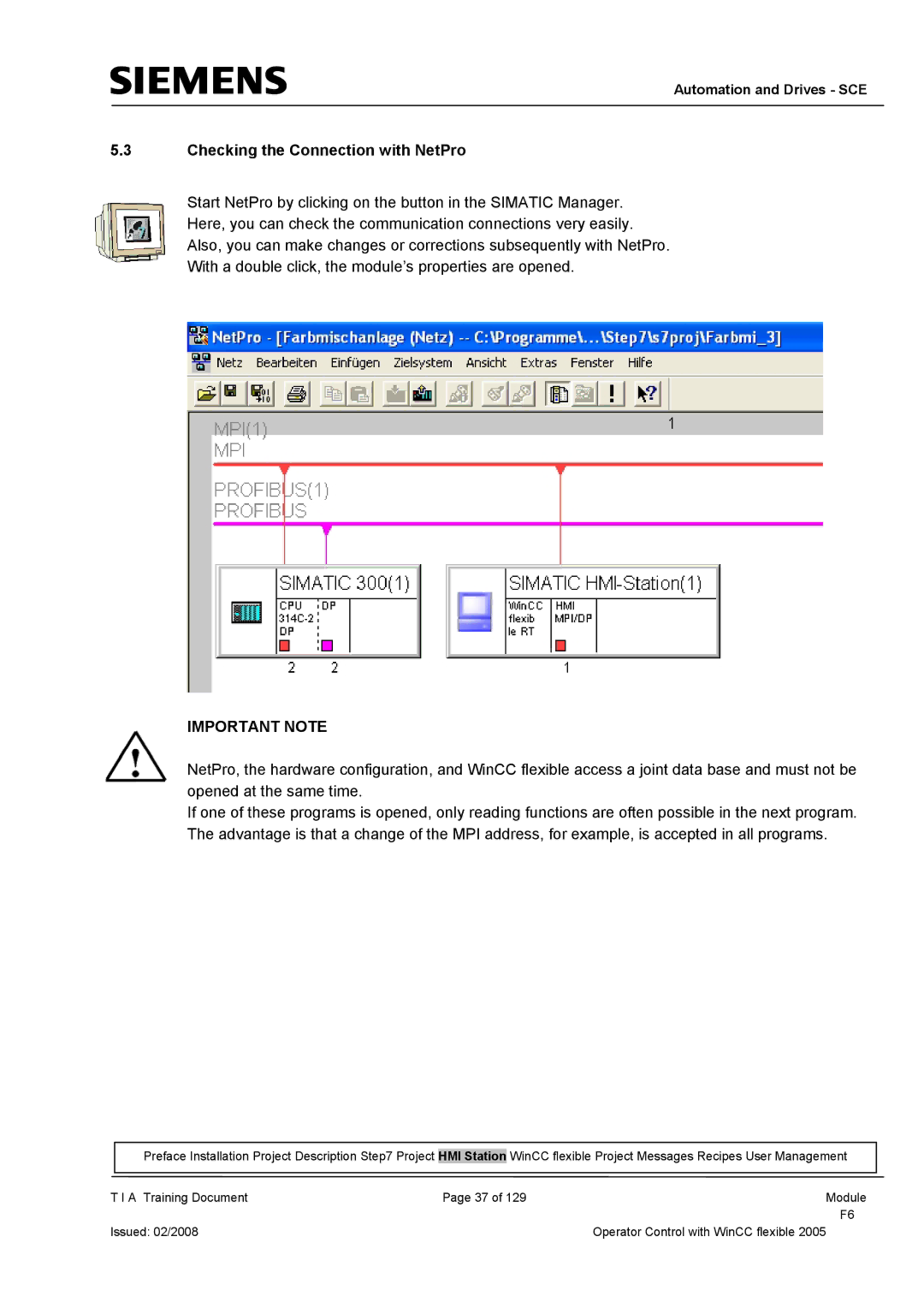 Siemens TP177B manual Checking the Connection with NetPro, Important Note 