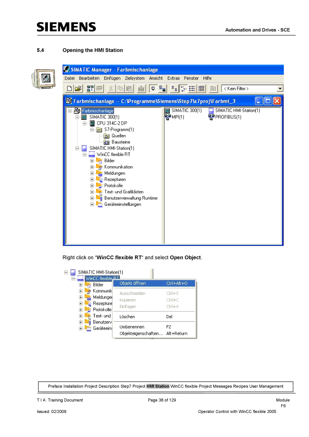 Siemens TP177B manual Opening the HMI Station, Right click on WinCC flexible RT and select Open Object 