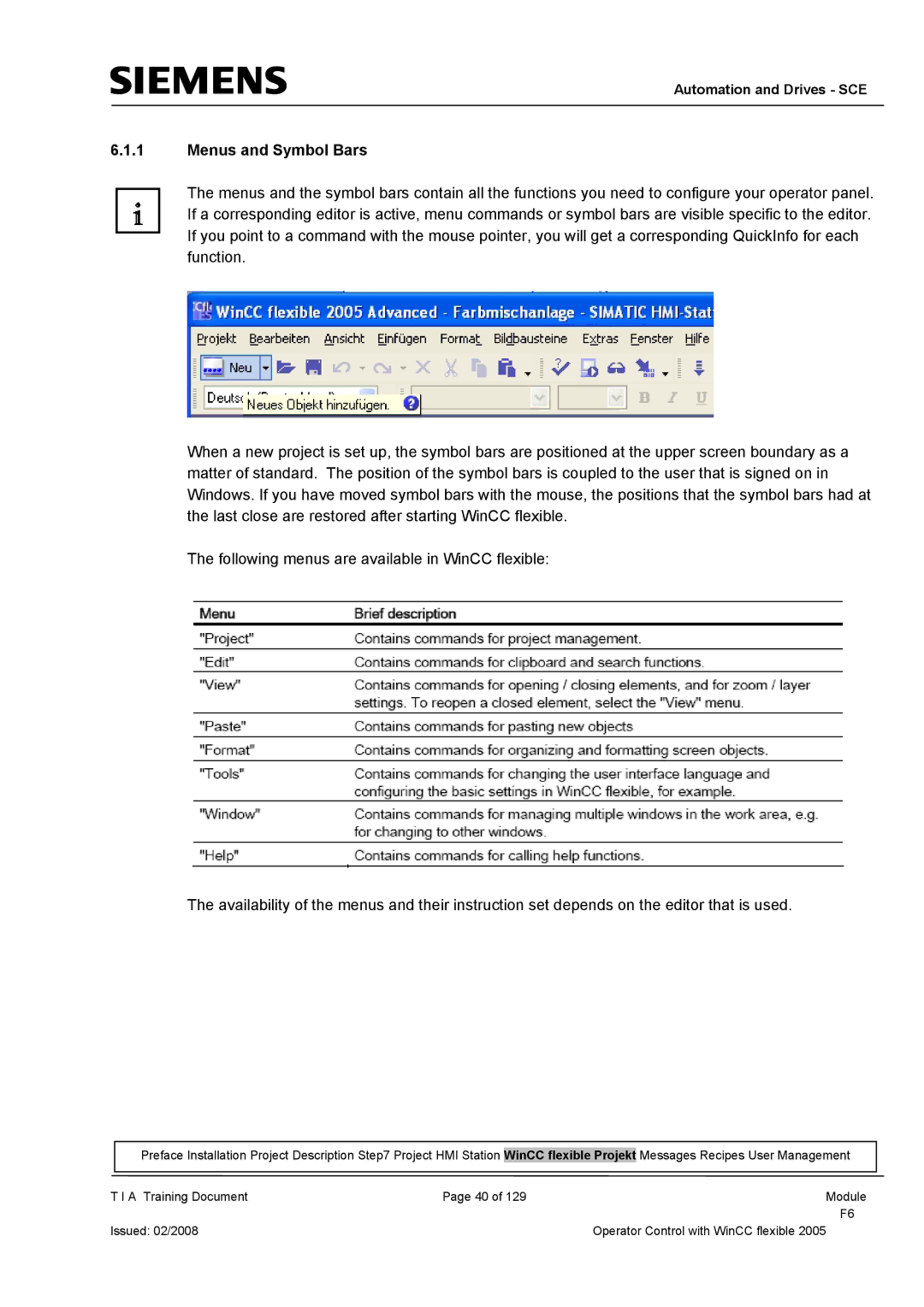 Siemens TP177B manual Menus and Symbol Bars 