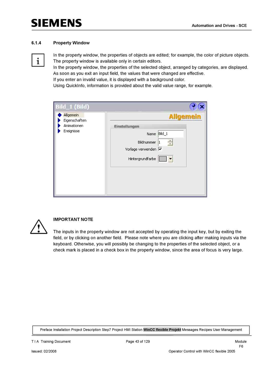 Siemens TP177B manual Property Window, Important Note 