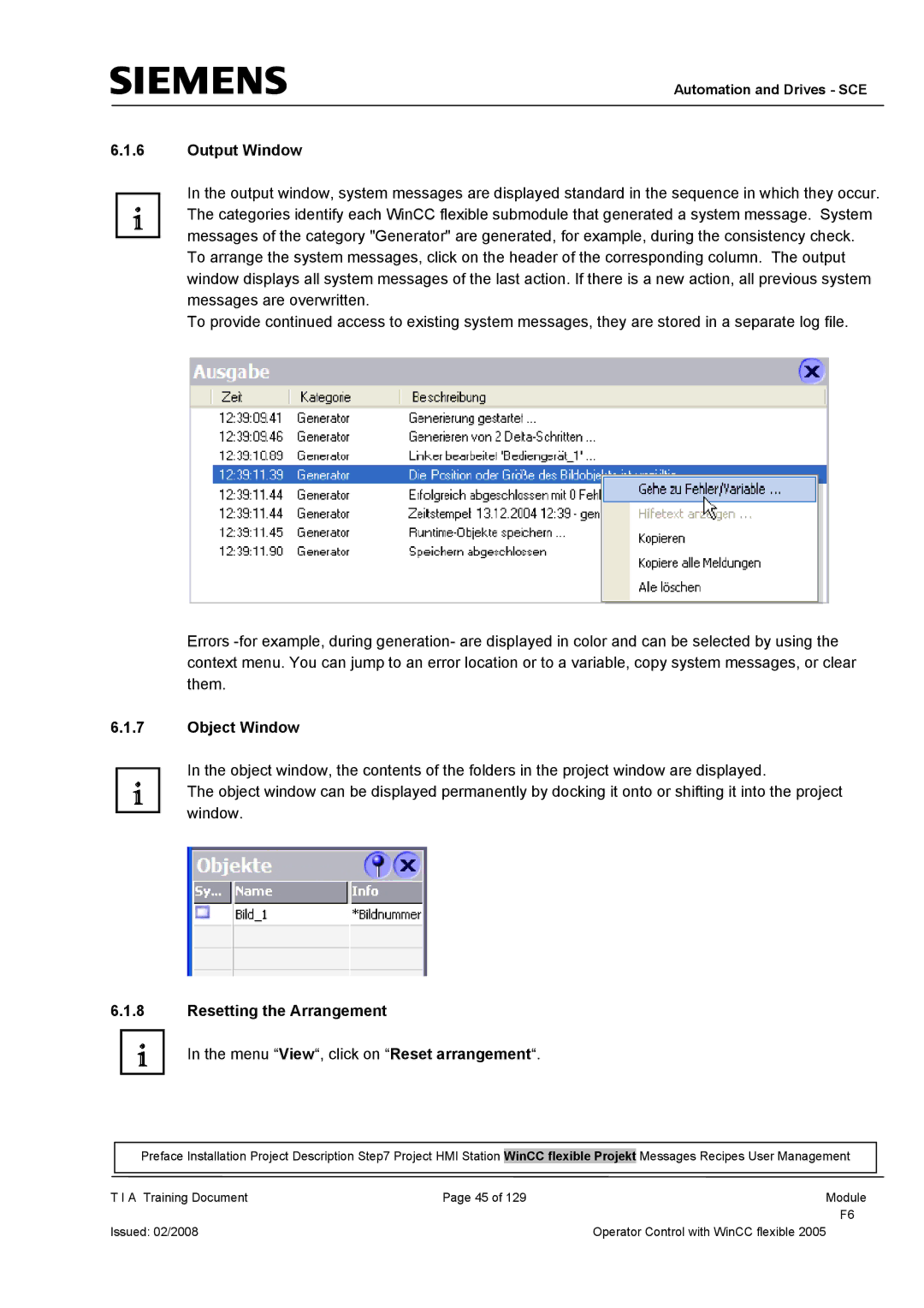 Siemens TP177B manual Output Window, Object Window, Resetting the Arrangement 