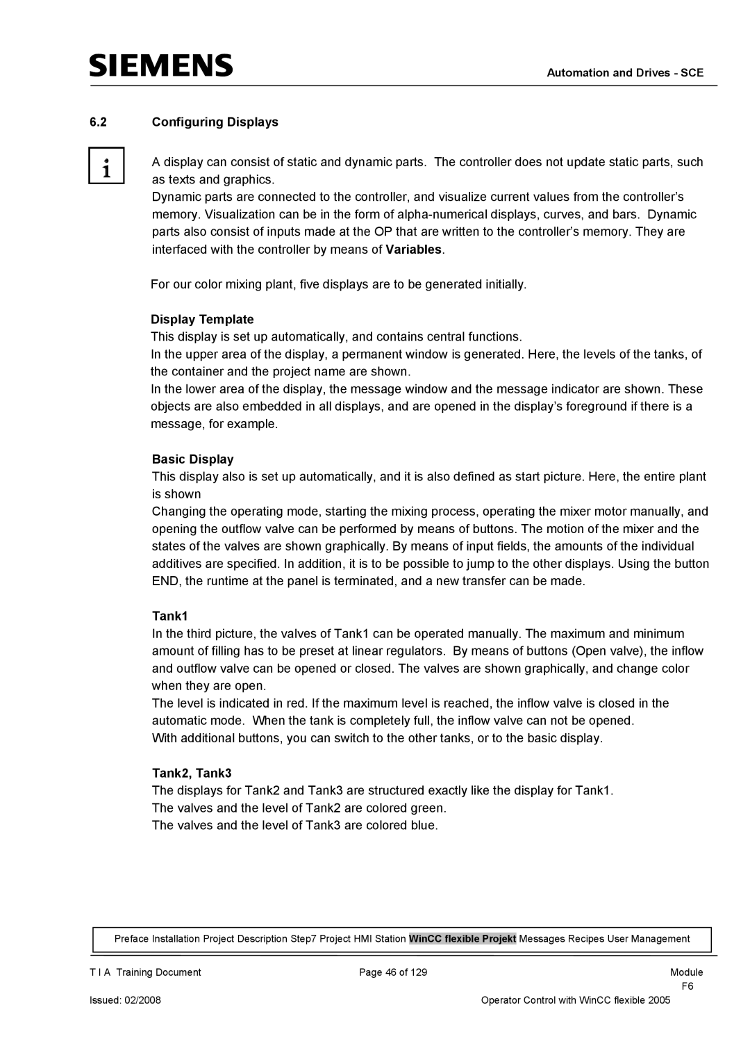 Siemens TP177B manual Configuring Displays, Display Template, Basic Display, Tank1, Tank2, Tank3 