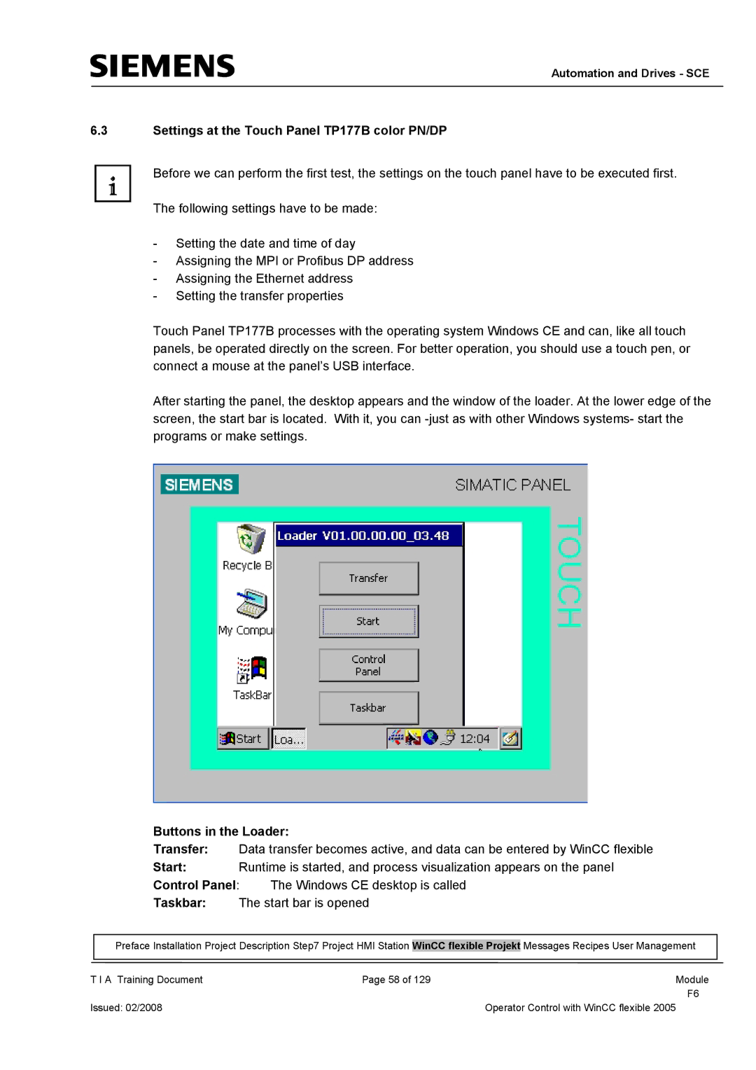 Siemens manual Settings at the Touch Panel TP177B color PN/DP, Buttons in the Loader 