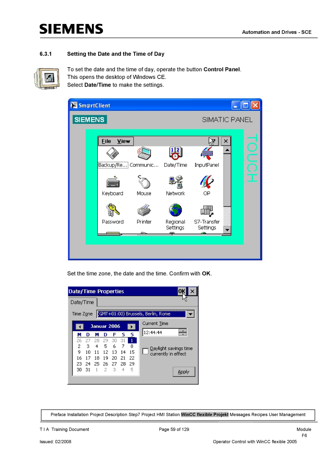 Siemens TP177B manual Setting the Date and the Time of Day 