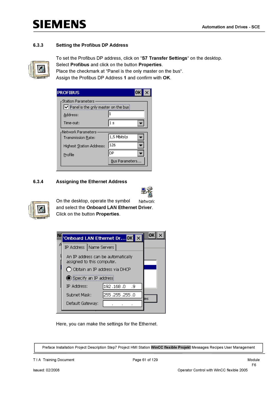 Siemens TP177B manual Setting the Profibus DP Address, Assigning the Ethernet Address 