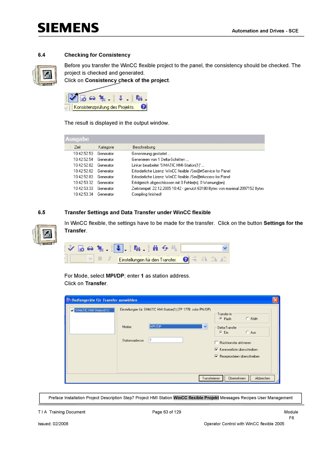 Siemens TP177B manual Checking for Consistency, Click on Consistency check of the project 