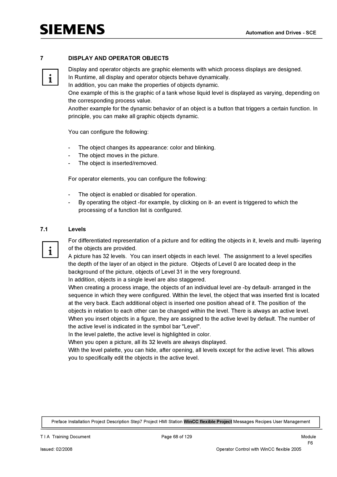 Siemens TP177B manual Display and Operator Objects, Levels 