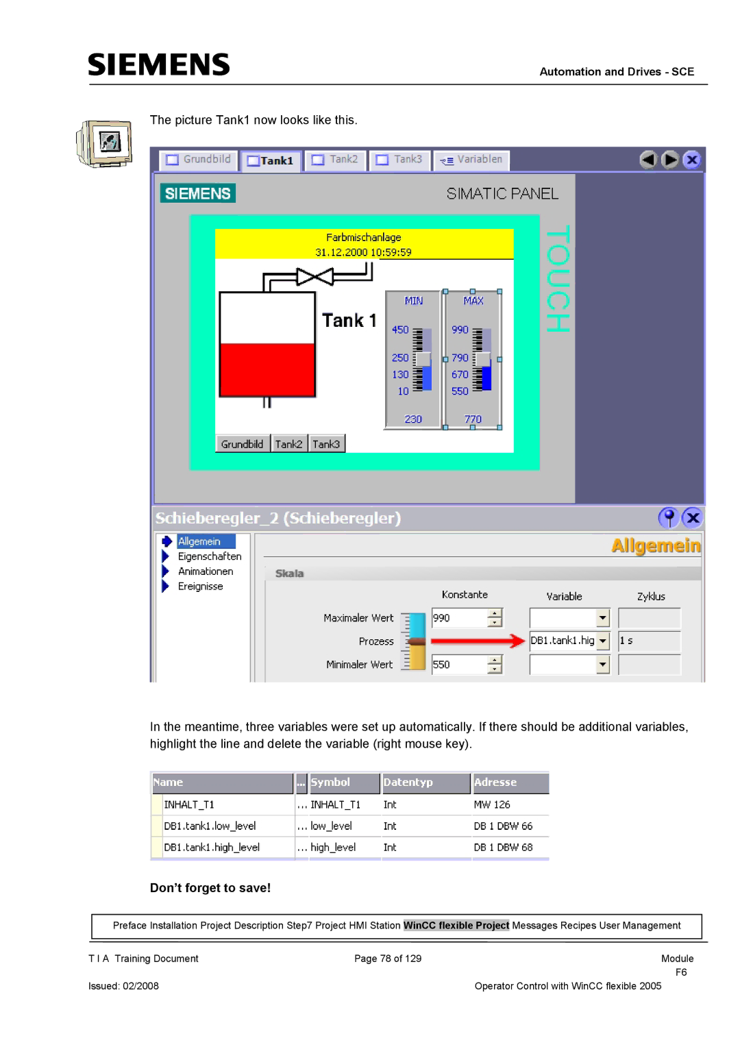 Siemens TP177B manual Don’t forget to save 