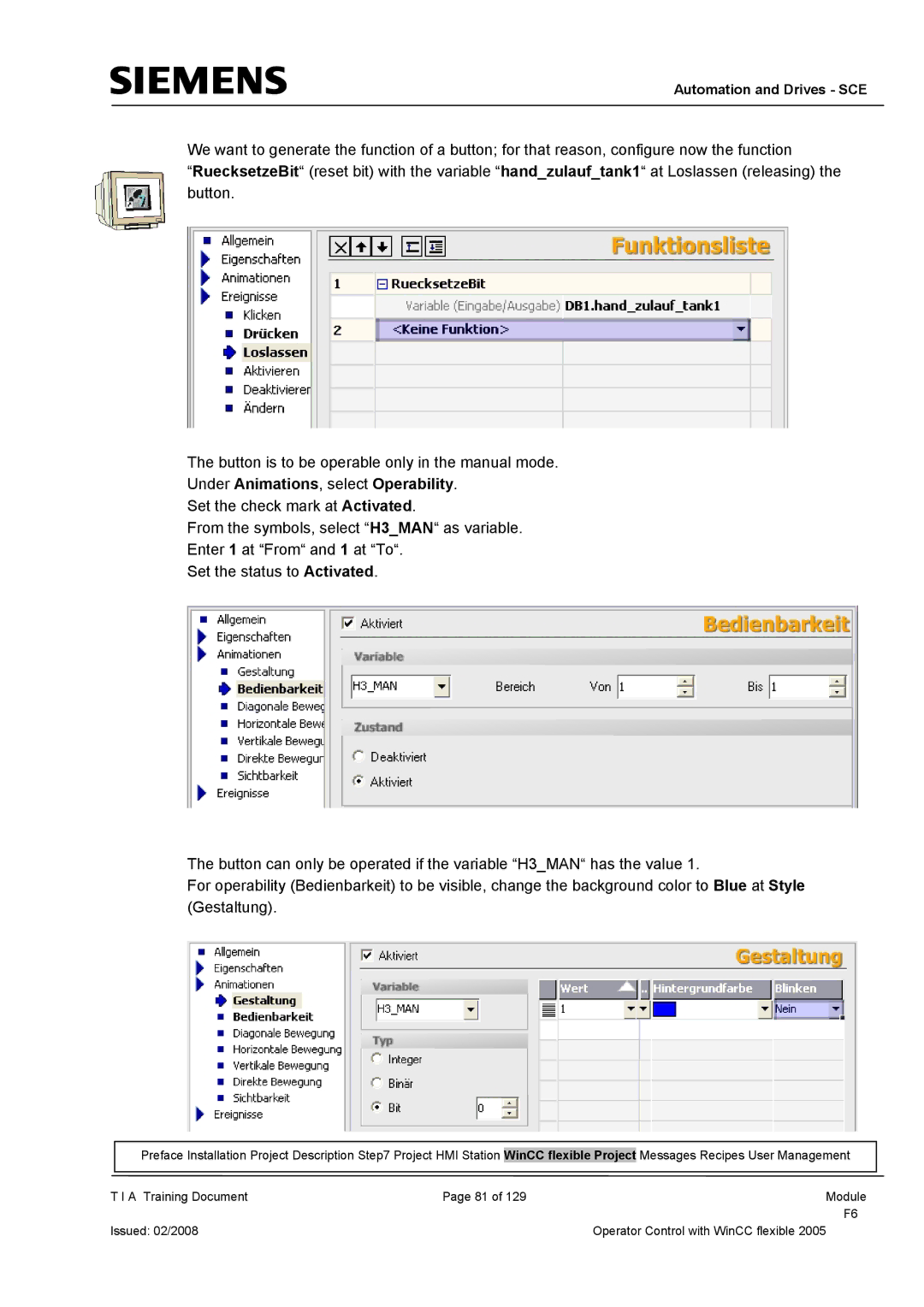 Siemens TP177B manual Under Animations, select Operability 