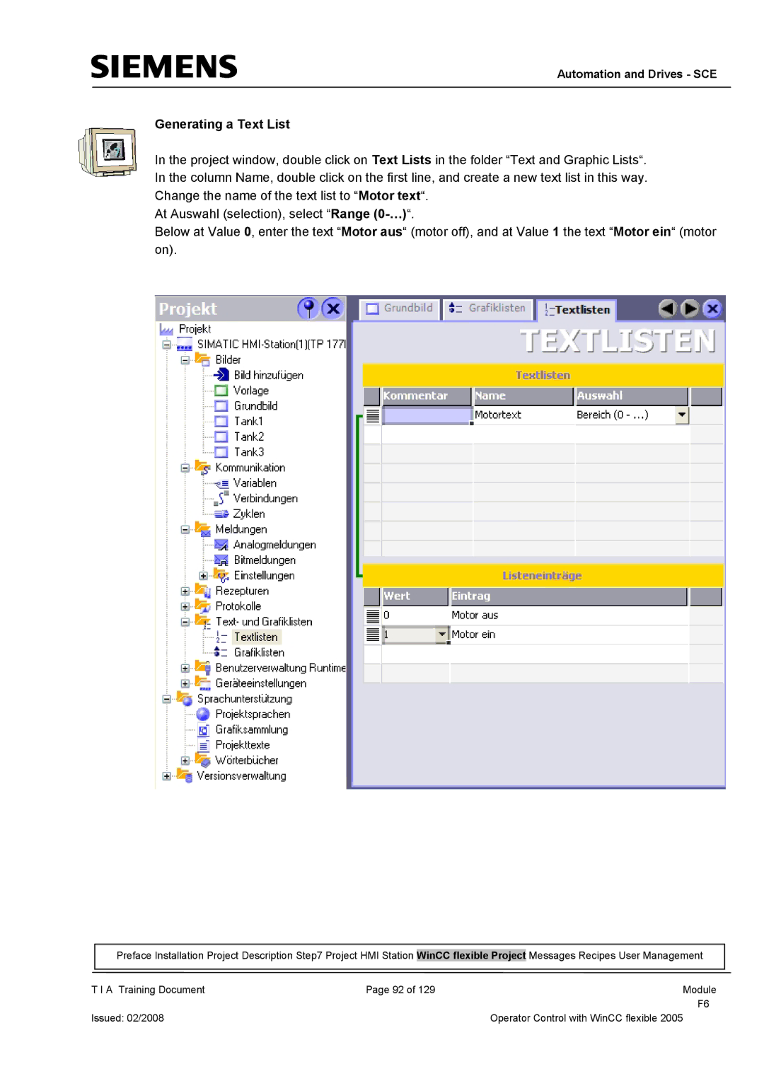 Siemens TP177B manual Generating a Text List 