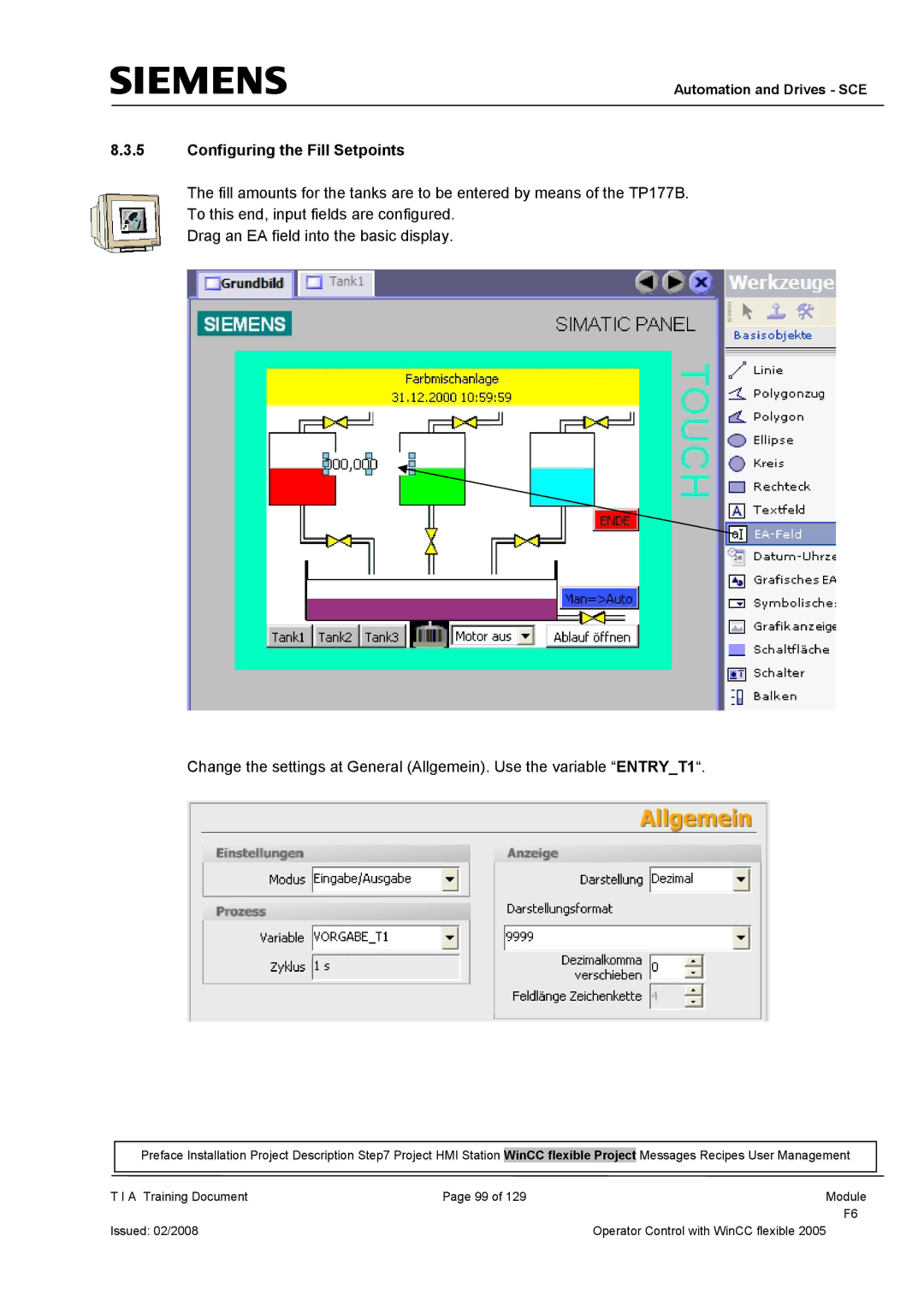 Siemens TP177B manual Configuring the Fill Setpoints 