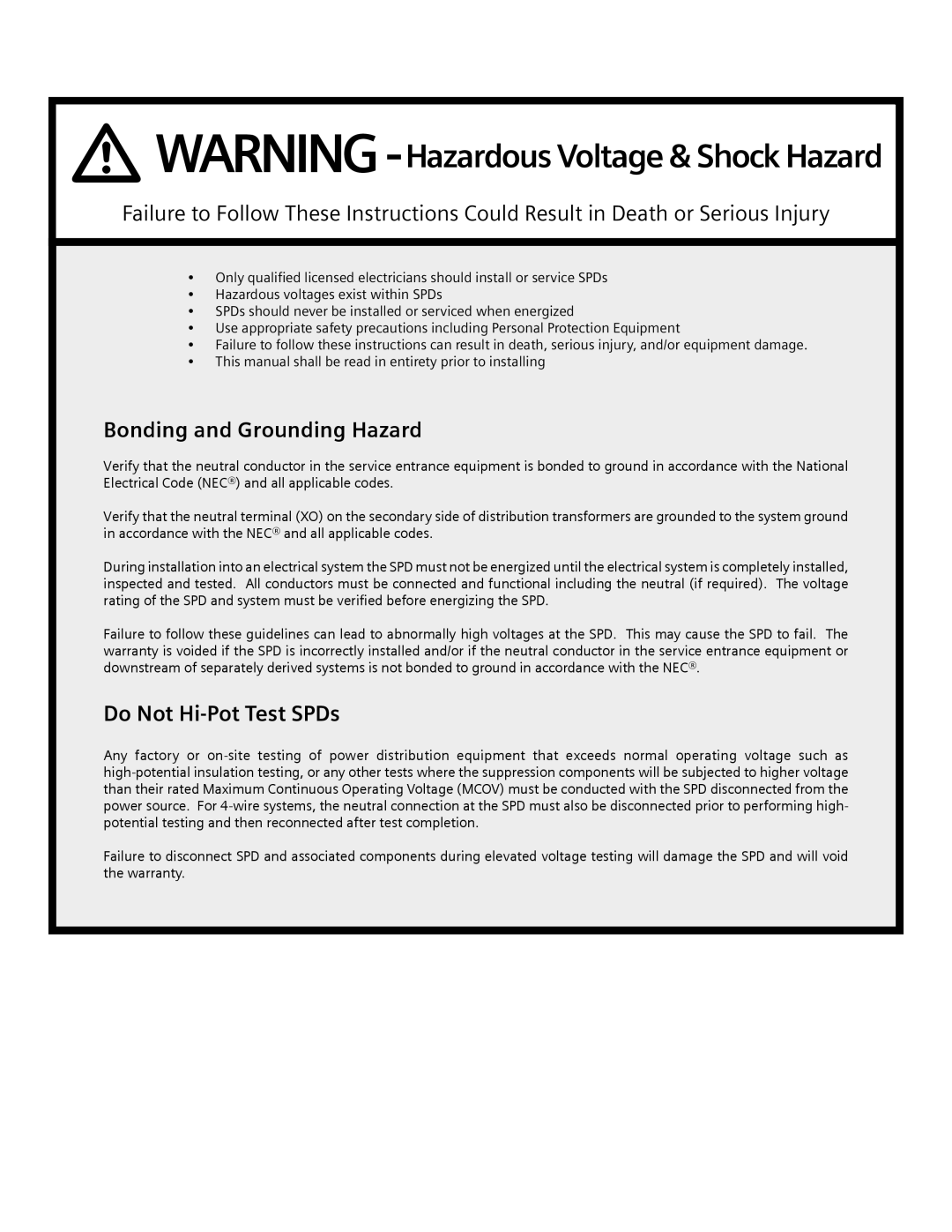 Siemens TPS3 09 user manual Bonding and Grounding Hazard, Do Not Hi-Pot Test SPDs 