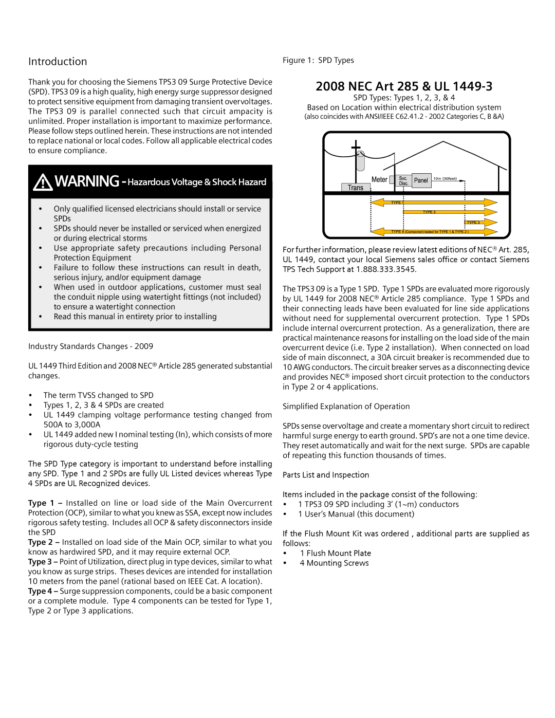 Siemens TPS3 09 user manual NEC Art 285 & UL, Introduction 