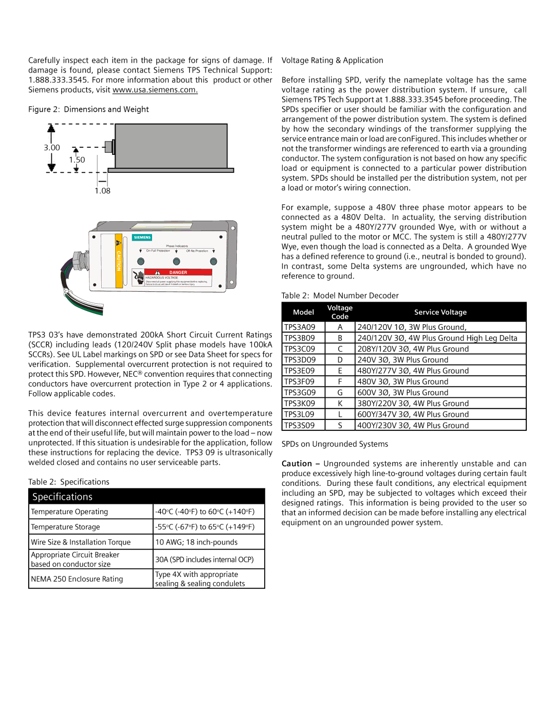 Siemens TPS3 09 Specifications, Voltage Rating & Application, 240/120V 1Ø, 3W Plus Ground, 208Y/120V 3Ø, 4W Plus Ground 