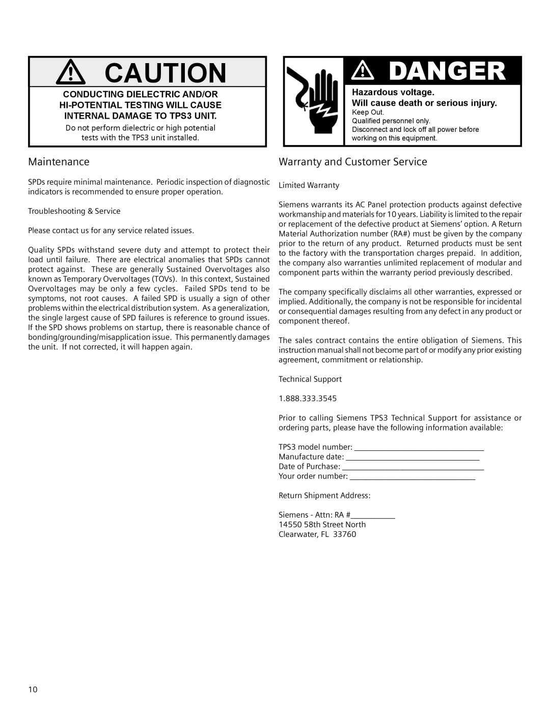 Siemens TPS3 11 user manual Maintenance, Limited Warranty 