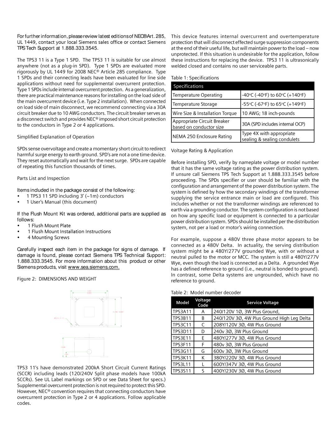 Siemens TPS3 11 Simplified Explanation of Operation, Specifications, AWG 18 inch-pounds, Appropriate Circuit Breaker 