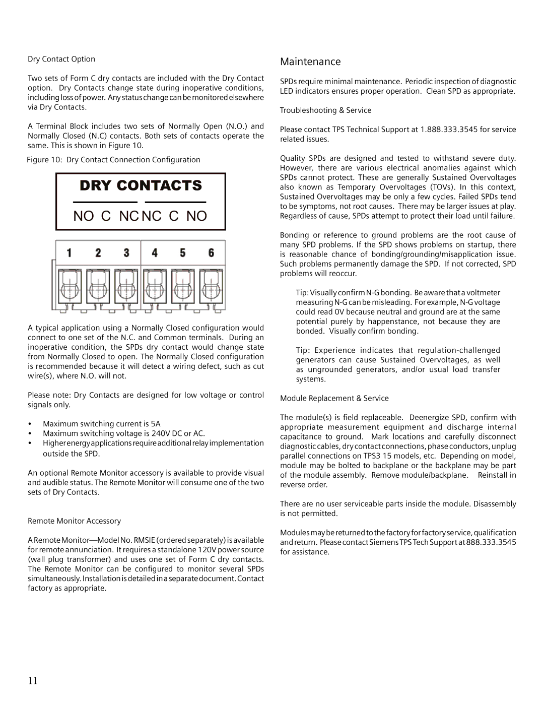 Siemens TPS3 15, TPS3 12 user manual Maintenance, Dry Contact Connection Configuration 