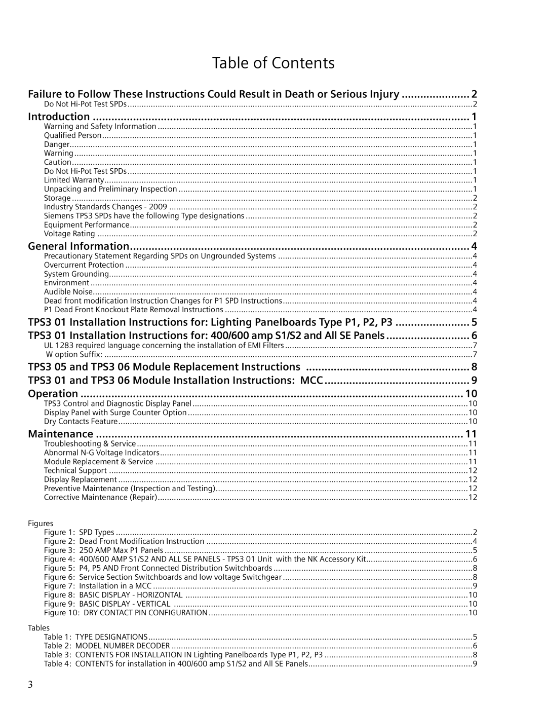 Siemens TPS3 user manual Table of Contents 