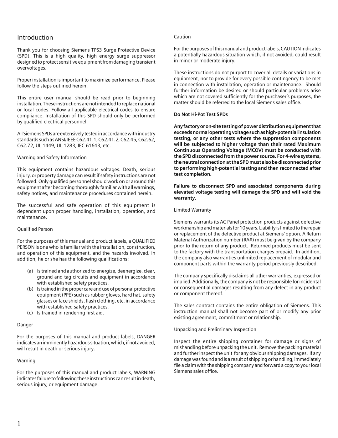 Siemens TPS3 user manual Introduction, Do Not Hi-Pot Test SPDs 