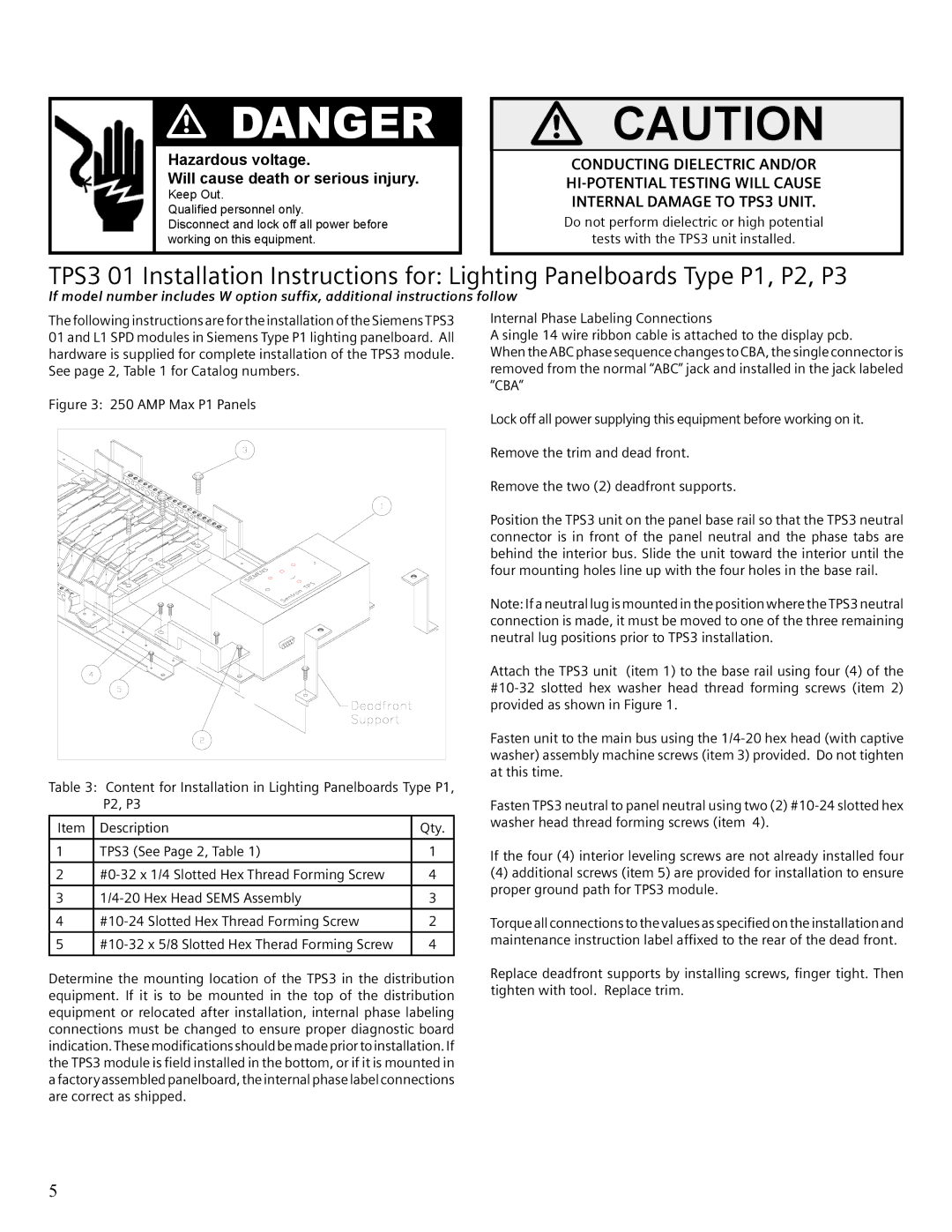 Siemens TPS3 user manual Hazardous voltage Will cause death or serious injury 