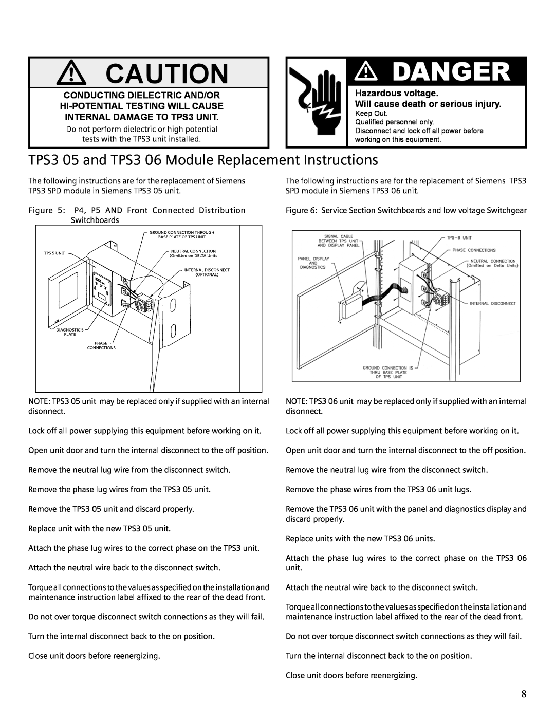 Siemens user manual TPS3 05 and TPS3 06 Module Replacement Instructions, V Caution, V Danger 