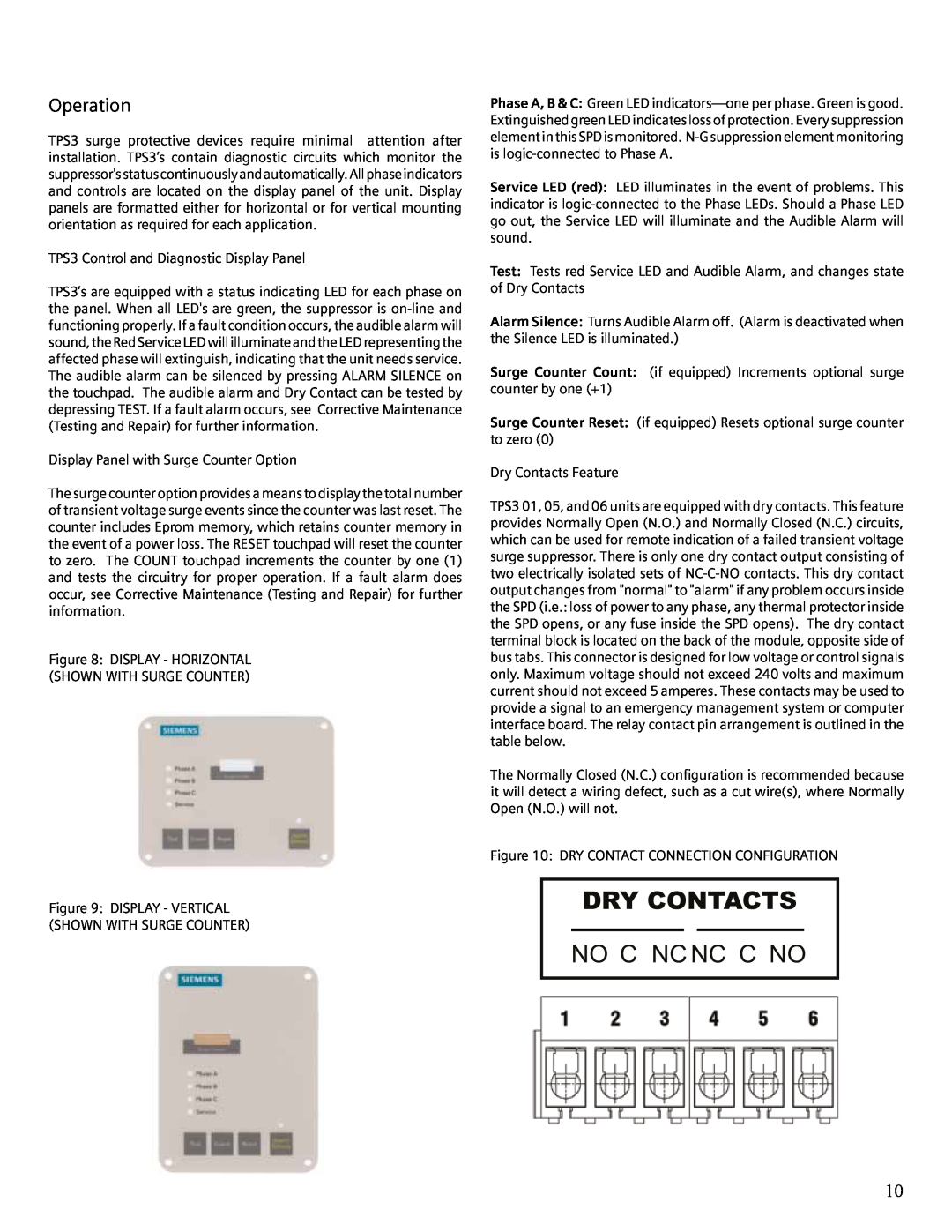 Siemens TPS3 user manual Operation, Dry Contacts, No C Ncnc C No 