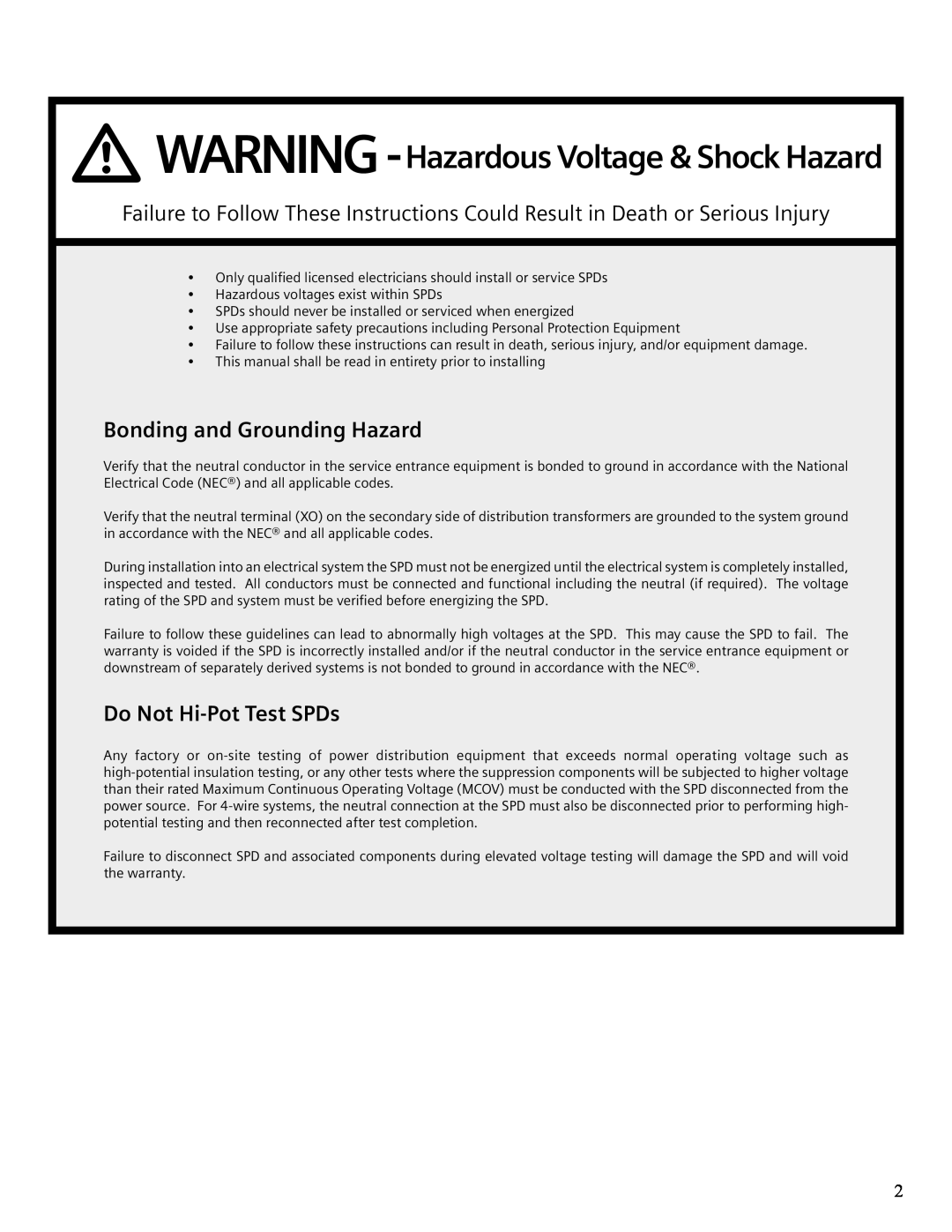 Siemens TPS3 user manual Bonding and Grounding Hazard, Do Not Hi-Pot Test SPDs, V WARNING-Hazardous Voltage & Shock Hazard 