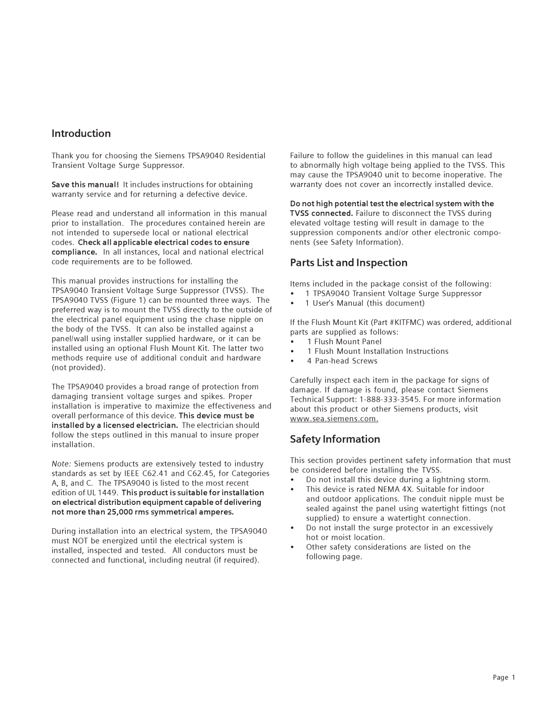 Siemens TPSA9040 user manual Introduction, Parts List and Inspection, Safety Information 