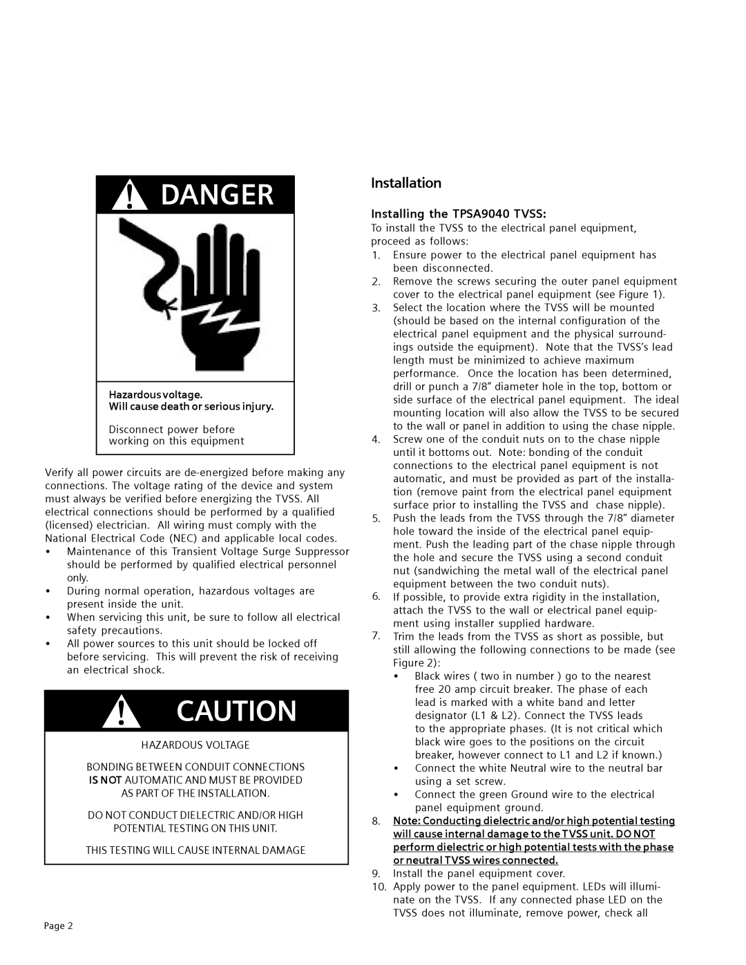 Siemens TPSA9040 user manual Installation, Hazardous voltage Will cause death or serious injury 