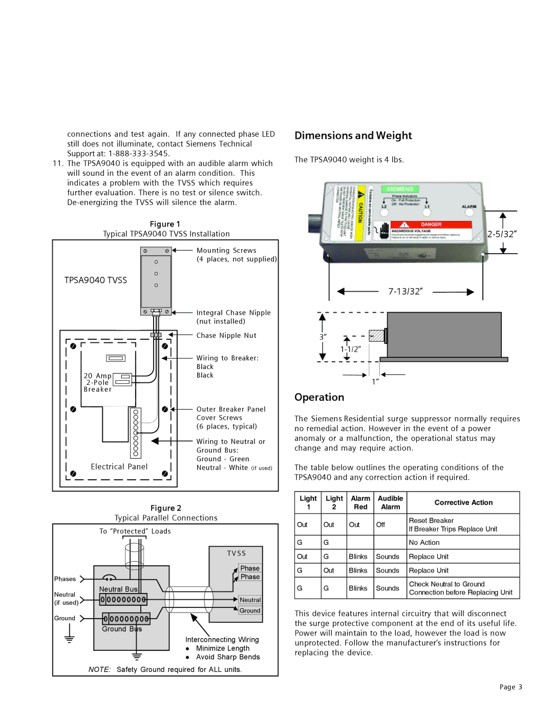 Siemens TPSA9040 user manual Dimensions and Weight, Operation 