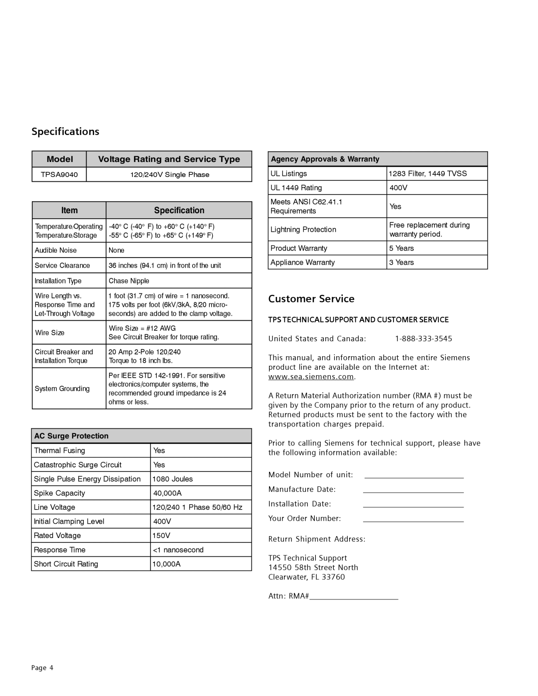 Siemens TPSA9040 user manual Specifications, Customer Service 