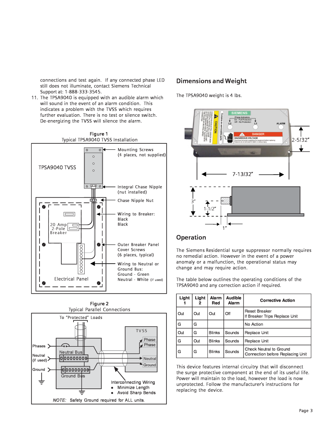 Siemens user manual Dimensions and Weight, Operation, 2-5/32”, TPSA9040 TVSS, 7-13/32” 
