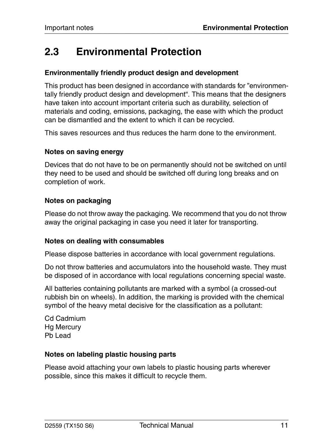 Siemens TX150 S6 Environmental Protection, Important notes, Environmentally friendly product design and development 