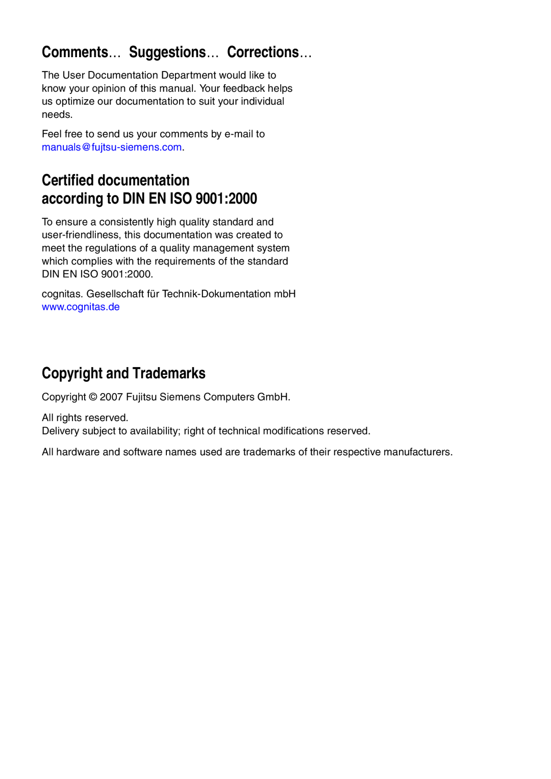 Siemens TX150 S6 technical manual Comments… Suggestions… Corrections…, Certified documentation according to DIN EN ISO 