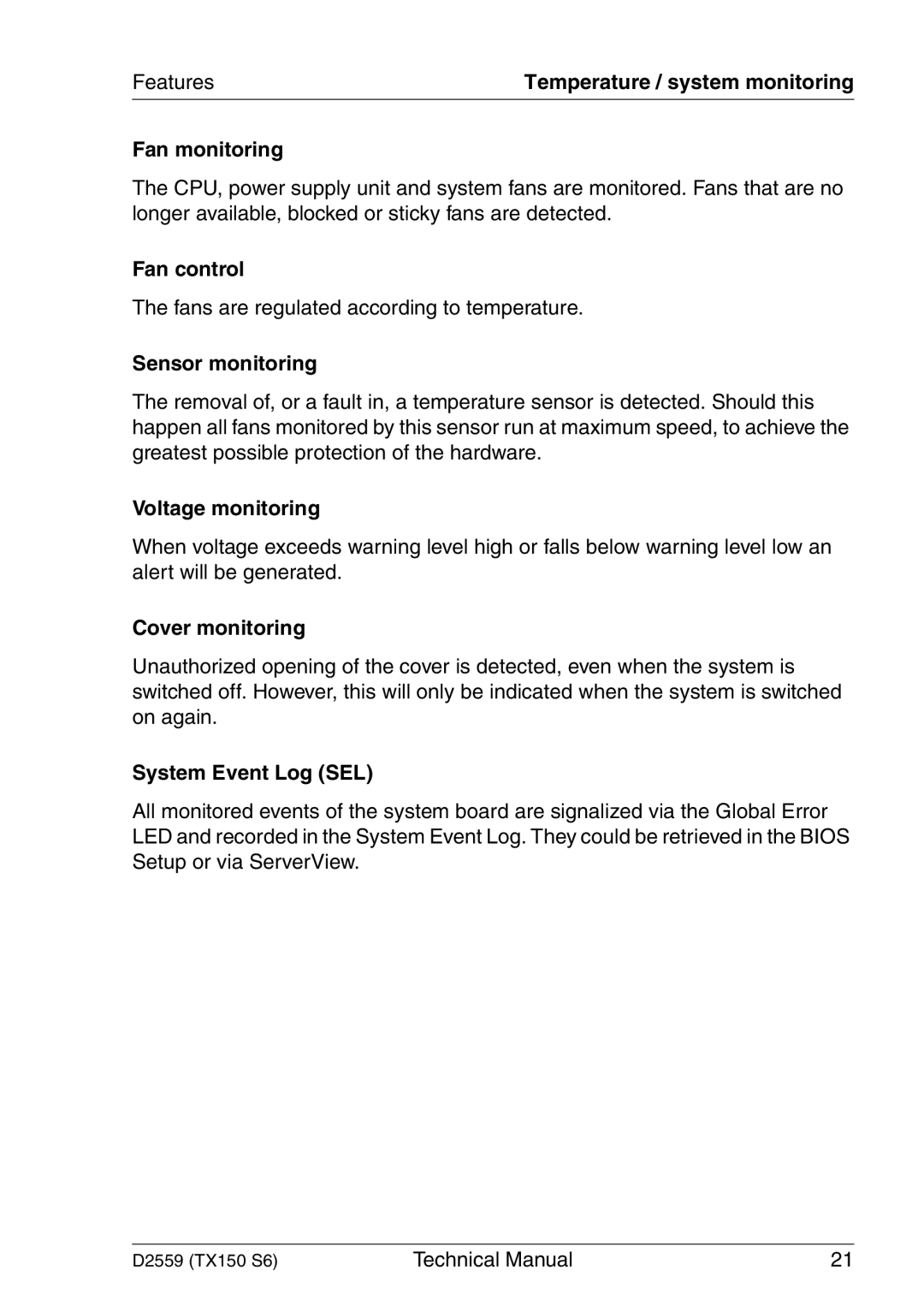 Siemens TX150 S6 technical manual Fan monitoring, Fan control, Sensor monitoring, Voltage monitoring, Cover monitoring 